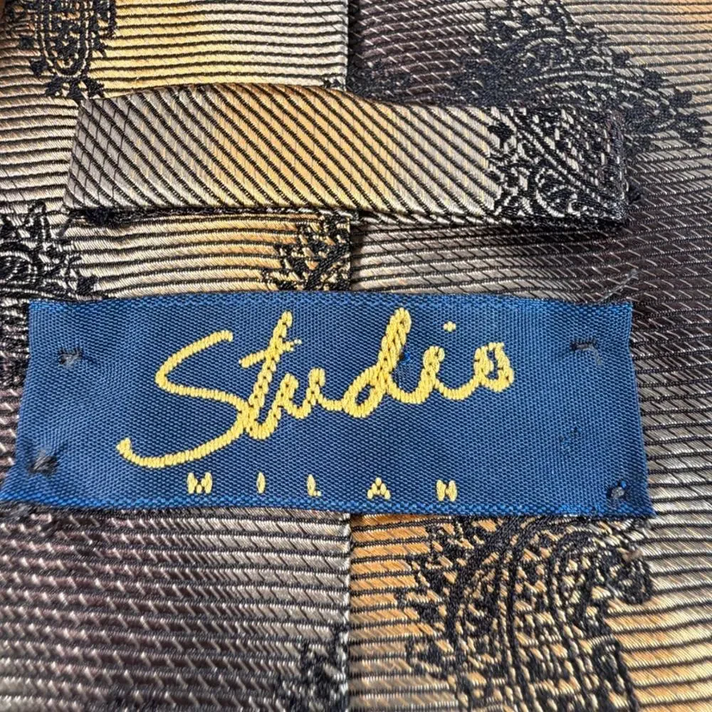 Vintage Studio Milano Handmade Gold Striped Paisley Silk Blend Necktie